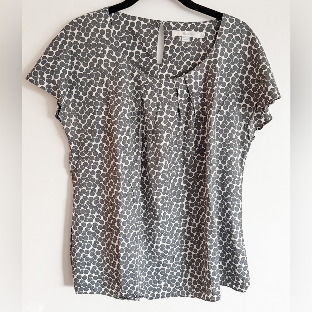 Boden Ravello Top Blouse Scoop Neck Silk Blend Gray Polka Dot Size 10